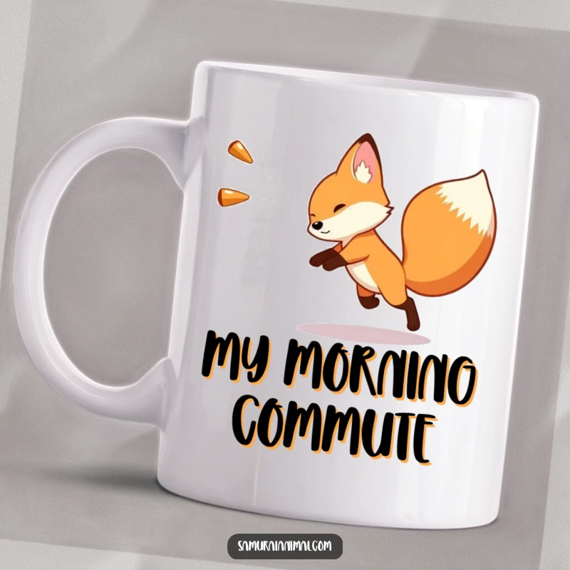 Funny mug featuring a tiny fox artfully dodging an oversized, imaginary projectile with impressive speed and a comical expression.