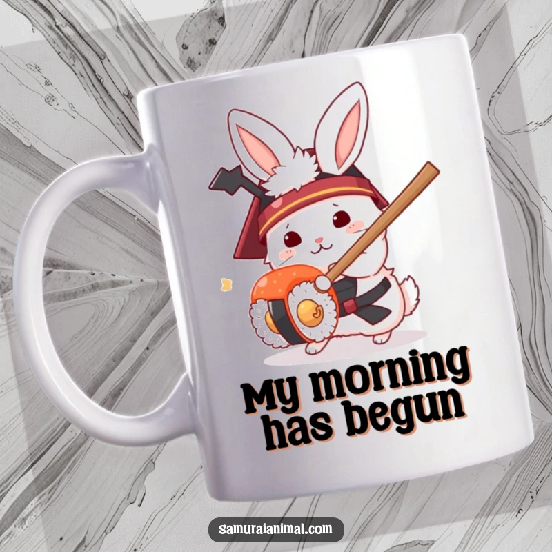 Funny mug showcasing a fluffy white rabbit in a samurai helmet skillfully parrying a sushi roll with its tiny sword.