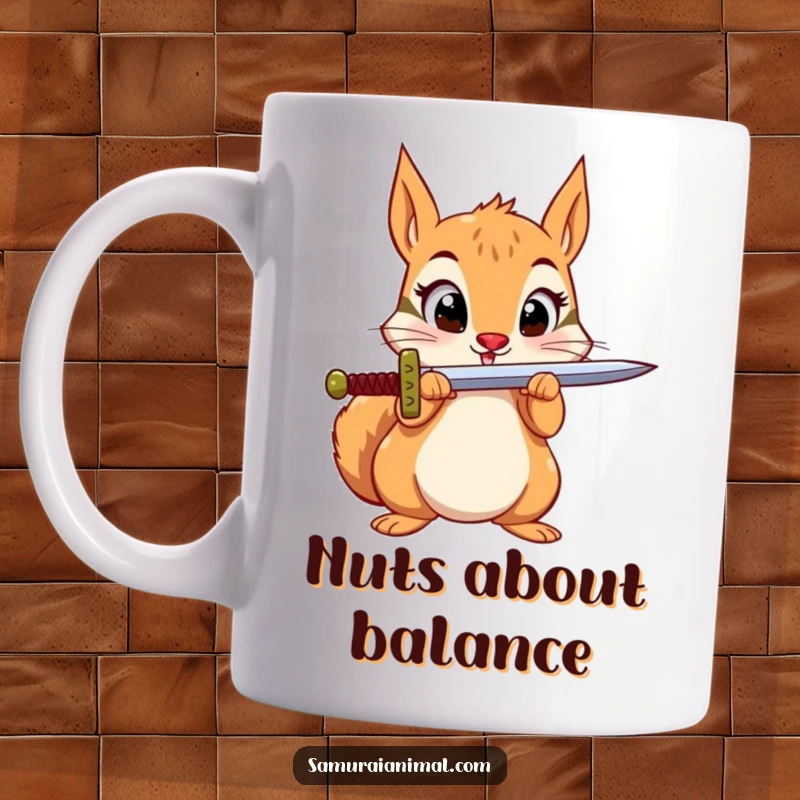 Funny Squirrel Sword Mug: A small, wide-eyed squirrel comically balances a sword on its nose, full of playful determination.