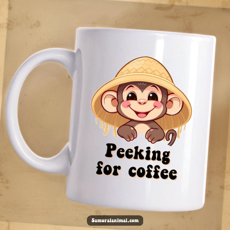 Funny mug with a nimble monkey character with a wide grin peeking playfully from behind a large straw hat, exuding mischievous charm.