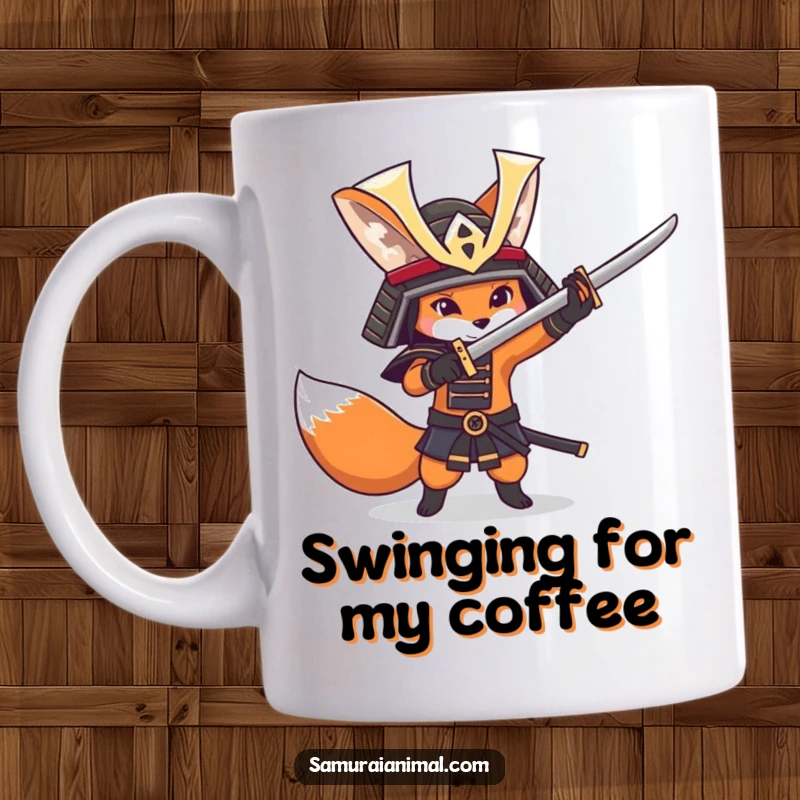 Funny fox wearing a samurai helmet, playfully practicing sword swings with a mischievous expression.