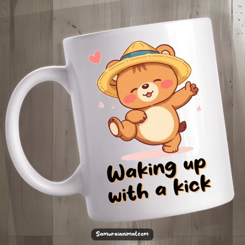 Funny bear cub mug featuring a sleepy bear in a straw hat attempting a high kick with a smile, a humorous vision.