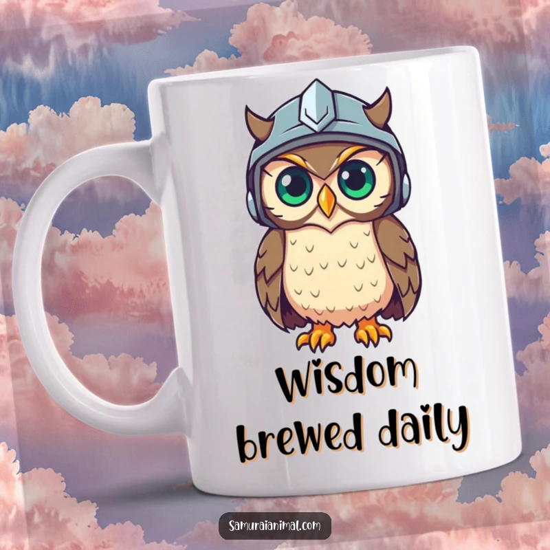 Funny mug featuring a wise owl wearing a helmet, observing the world with a knowing gleam in its eyes.