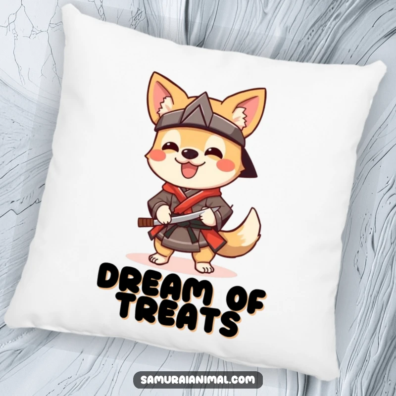 Funny Pillow featuring a cheerful dog dressed as a samurai, wagging its tail and holding a sai, offering plush comfort.