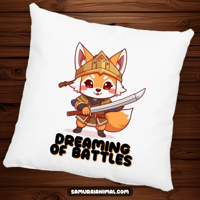 Funny Fox Warrior Pillow, a cheerful fox in a helmet brandishes a toy sword, soft and cuddly.