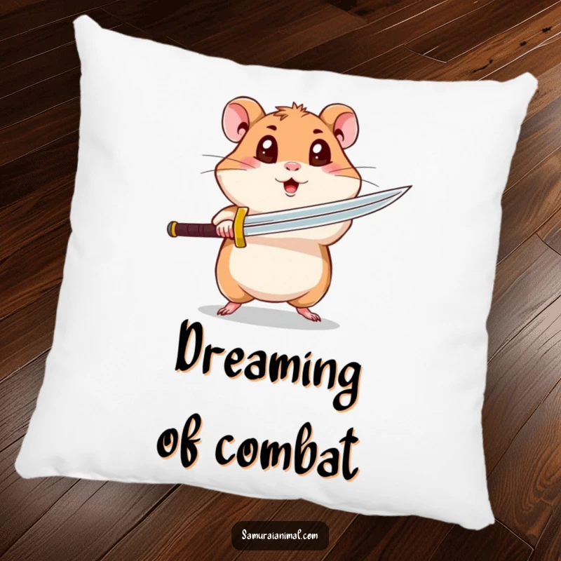 Funny hamster pillow featuring a curious hamster with wide eyes performing a spinning sword attack, offering soft comfort and humor.