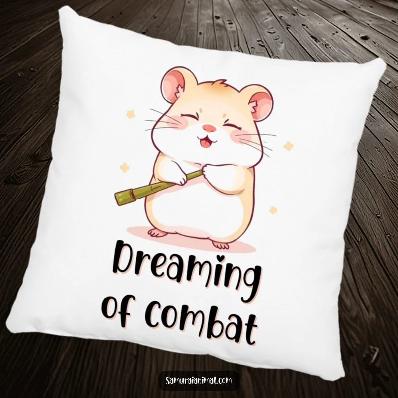 Funny pillow featuring a sleepy hamster in a humorous kung fu pose, holding a miniature bamboo staff with an endearing expression.