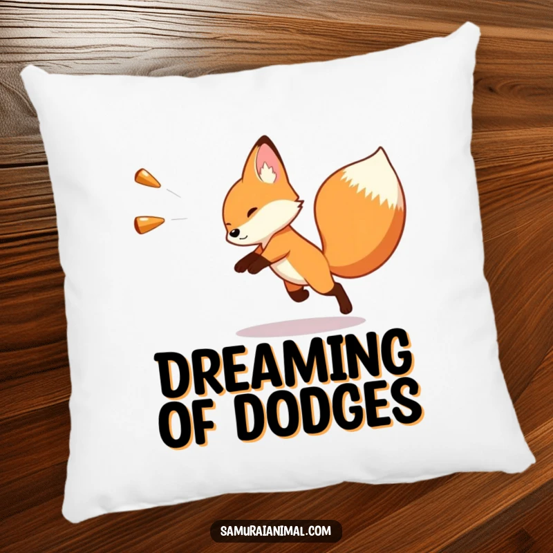 Funny pillow design of a small fox executing a comical, swift dodge from an invisible, gigantic imaginary object, perfect for a chuckle.