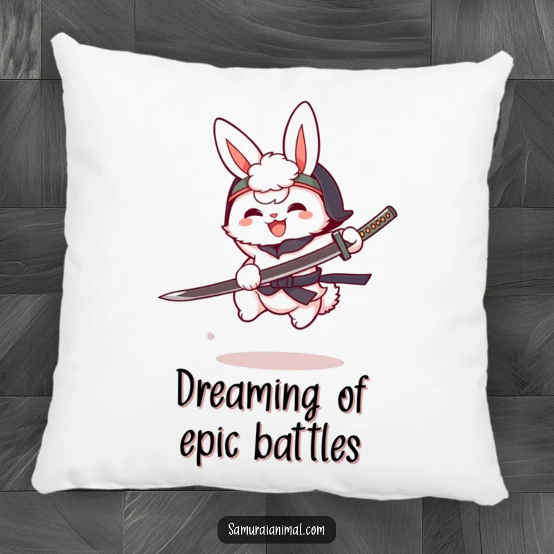 Funny fluffy bunny in a tiny helmet, cartoon katana, mid-leap, cute warrior pillow, soft and decorative.