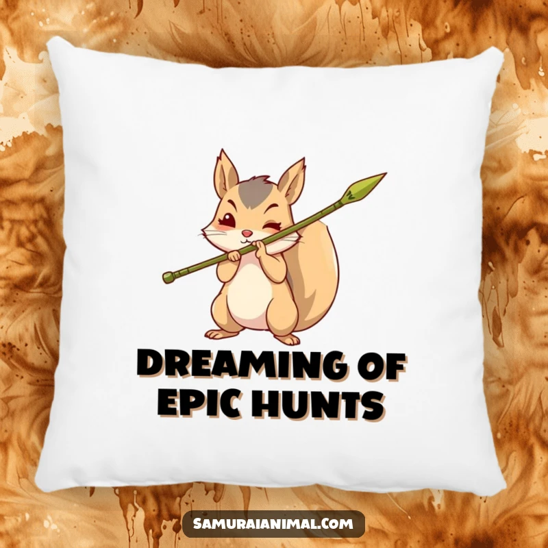 Funny pillow with a brave squirrel holding a sharpened bamboo spear, providing comfort and a touch of adventurous charm.