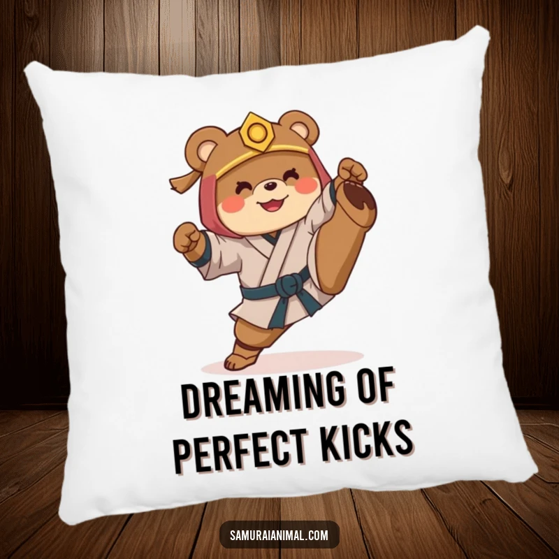 Funny pillow design showing a smiling bear in samurai attire, awkwardly attempting a martial arts high kick for a humorous touch.
