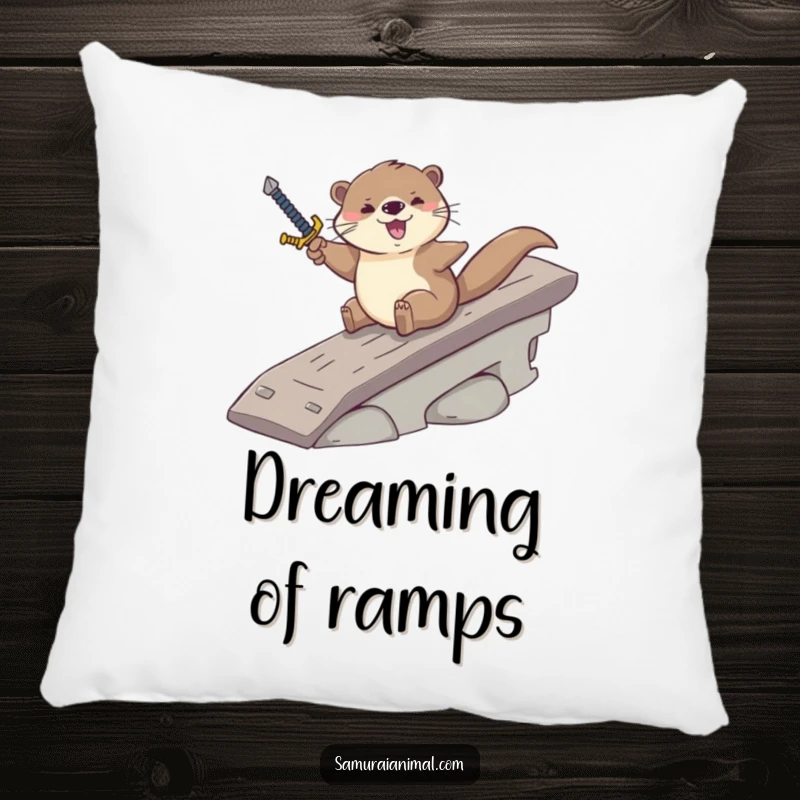 Funny pillow with a cute otter sliding down a ramp, sword in paw, bringing a sense of playful adventure and comfort.
