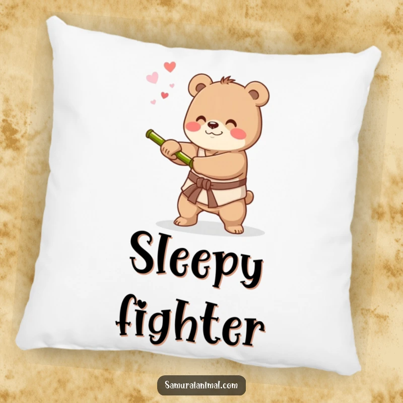 Funny pillow with a happy bear practicing sword swings, offering comfort and a dose of martial arts determination.