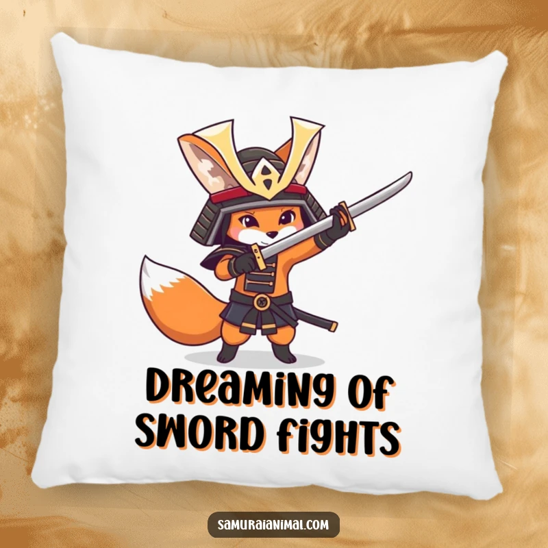 Funny fox character with a samurai helmet playfully swinging a sword, displayed on a soft and decorative pillow.