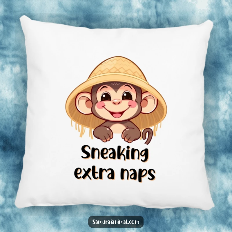 Funny pillow with a nimble monkey character grinning and peeking from behind a straw hat, offering comfort and playful charm.