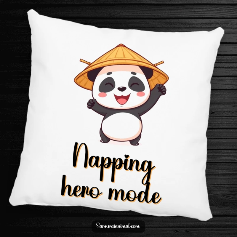 Funny panda character wearing a bamboo hat in a heroic pose, displayed on a soft and decorative pillow.