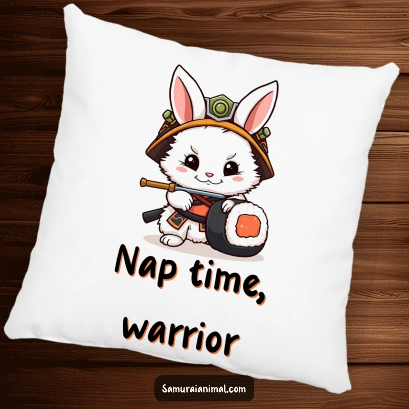 Funny Rabbit Samurai Pillow: A plush pillow showcasing a fluffy rabbit in samurai attire facing off against a sushi roll.