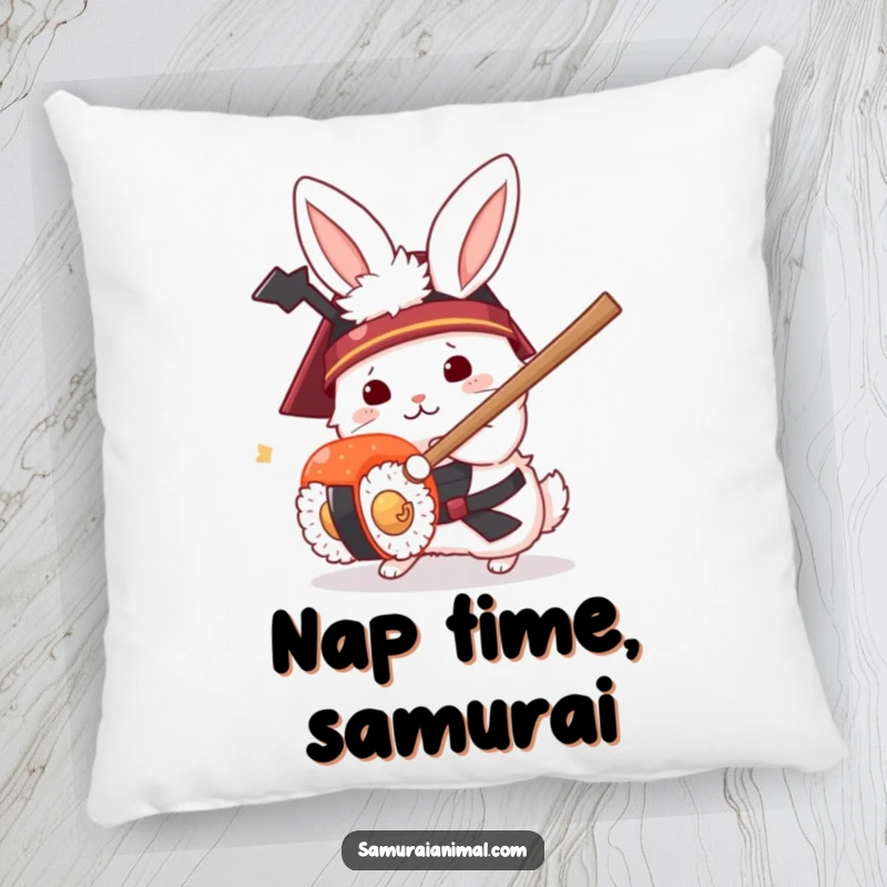 Funny decorative pillow showcasing a fluffy rabbit warrior in a samurai helmet in a funny duel with a sushi roll.