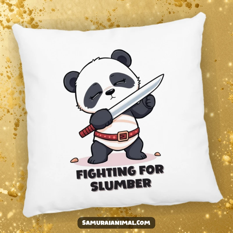 Funny Pillow featuring a sleepy panda in a hilariously awkward sword-fighting pose, offering comfort and a dose of cute warrior humor.