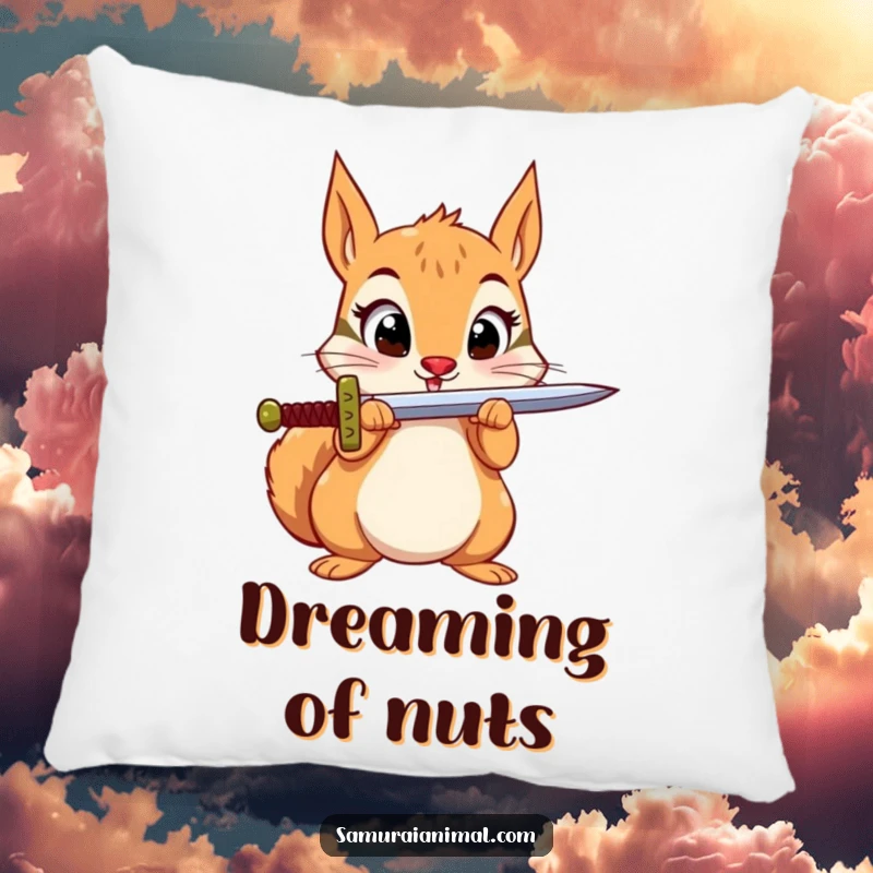 Funny Squirrel Sword Pillow: A small squirrel with excited eyes balances a sword on its nose, offering heroic comfort.