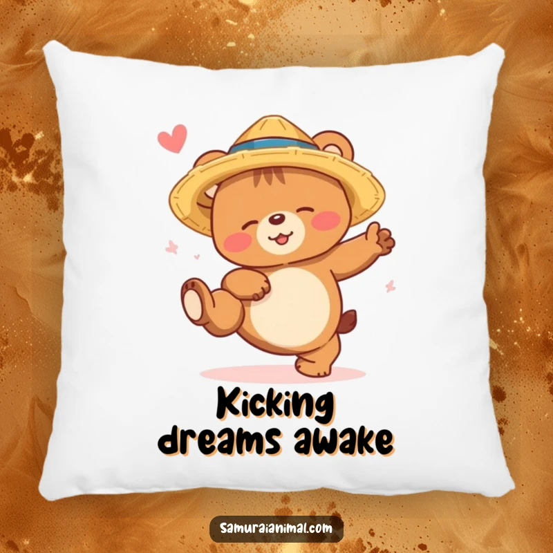 Funny bear cub pillow featuring a sleepy bear in a straw hat, smiling as it attempts a high kick, perfect for comfort.