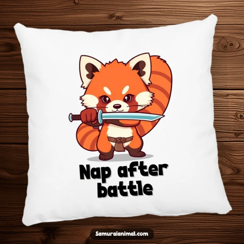 Funny red panda pillow featuring a stylized character in a dramatic sword stance, perfect for cozy relaxation and decor.