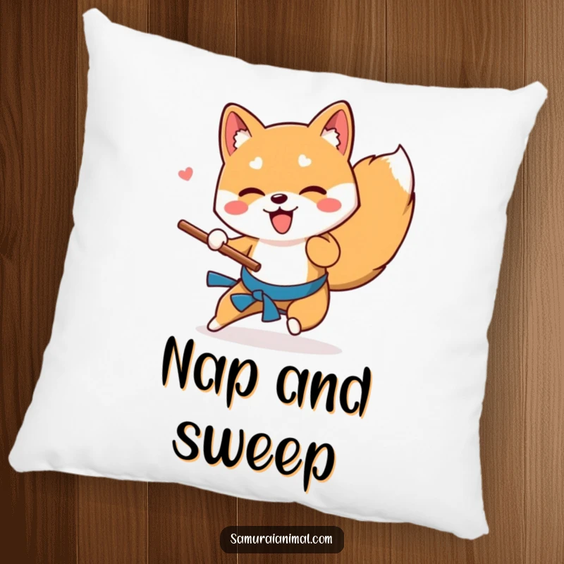 Funny Shiba Inu pillow featuring a playful dog performing a low sweep with a stick, perfect for cozy relaxation.