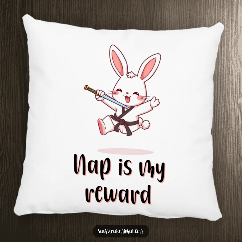Funny pillow with a cheerful bunny performing a karate kick, offering comfort and a touch of martial arts humor.
