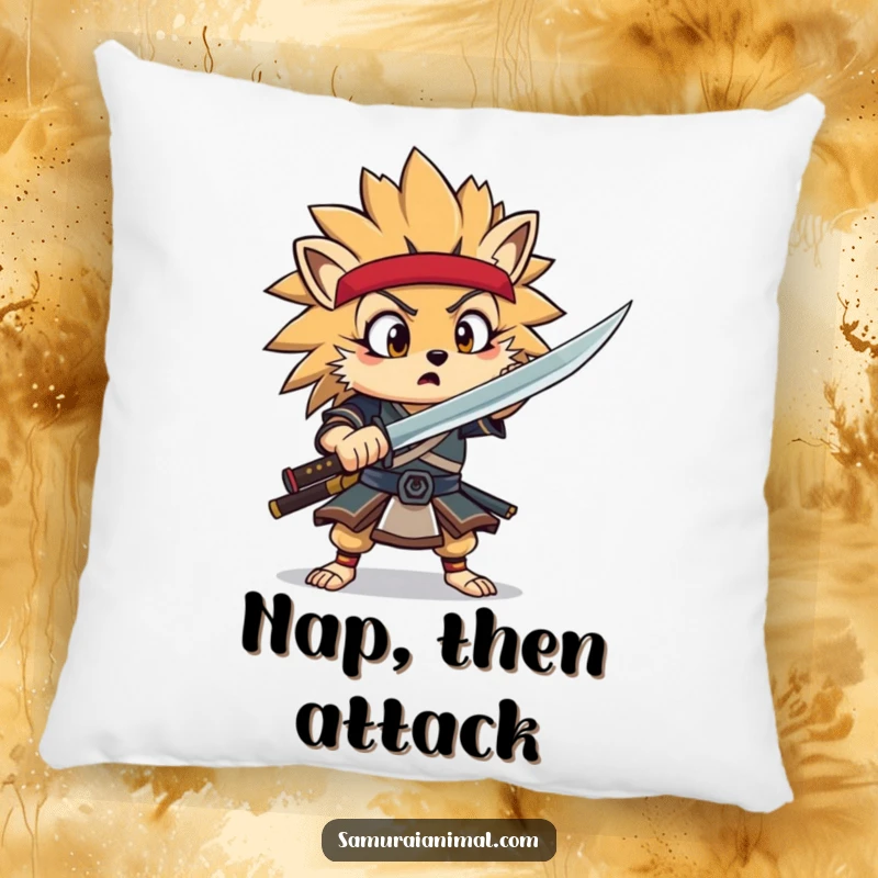 Funny Hedgehog Samurai Pillow with a surprised hedgehog warrior mid-flourish, bringing cozy humor to any room.