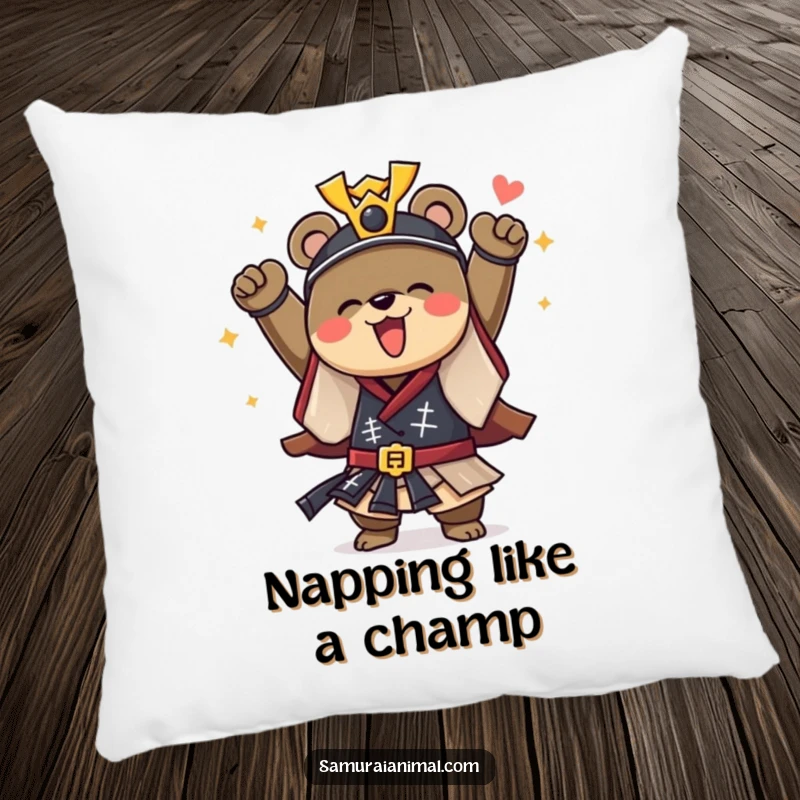 Funny pillow with a courageous bear dressed as a samurai, cheering with joy, offering comfort and heroic charm.