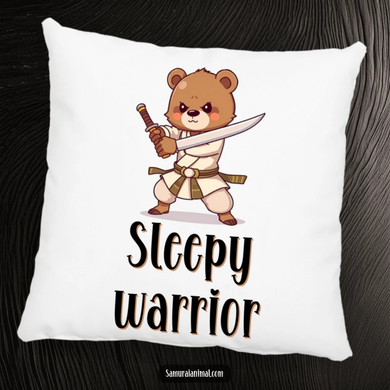 Funny pillow featuring a strong bear cub practicing sword forms with great enthusiasm, perfect for cozy warrior-themed comfort.
