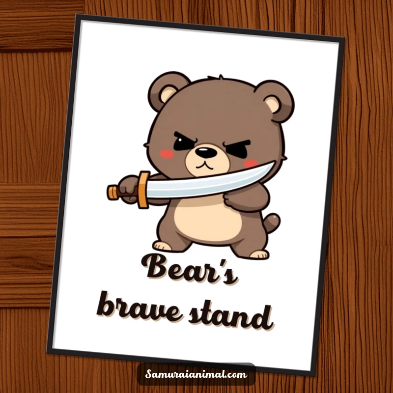 Funny bear sword digital art print of a small bear character with a determined grin, bravely parrying with a tiny wooden sword.
