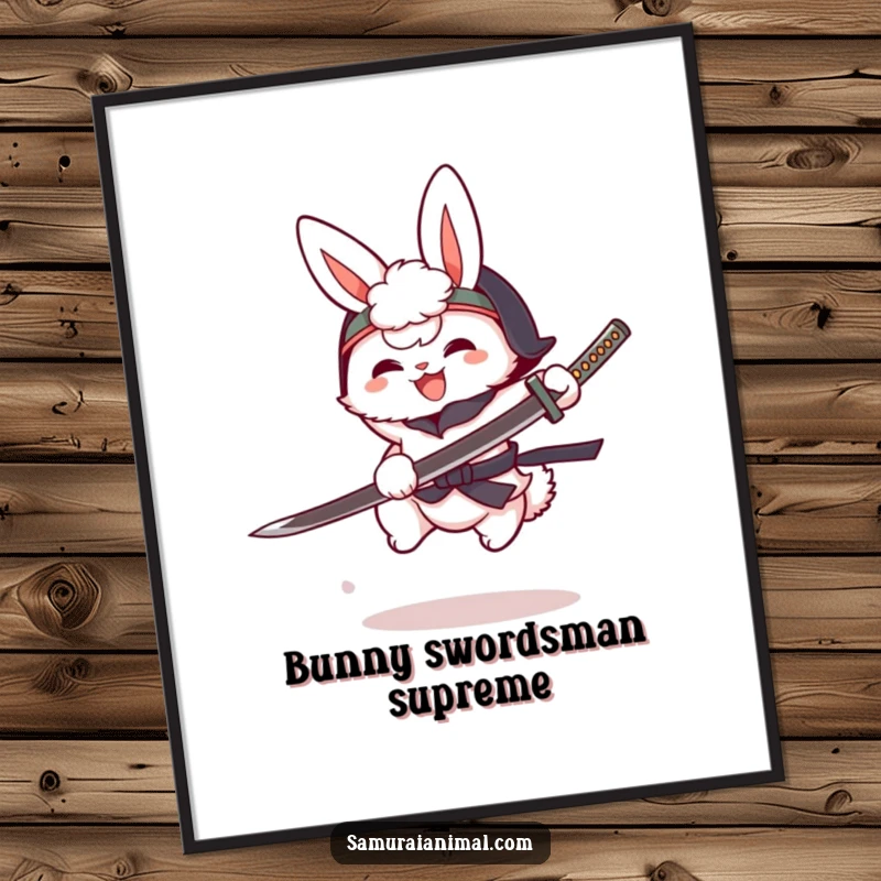 Funny fluffy bunny in a tiny helmet, cartoon katana mid-leap, joyful warrior, anime digital art print.