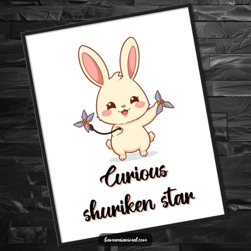 Funny rabbit digital art print showing a happy bunny playfully spinning a miniature shuriken with a curious gaze, ideal for decor.