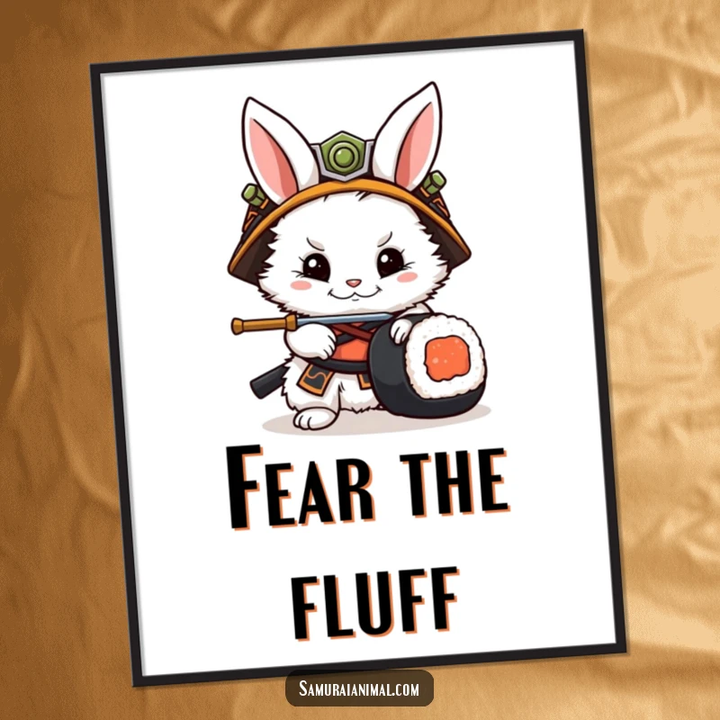 Funny Rabbit Samurai Digital Art Print: Printable art of a rabbit samurai heroically parrying a sushi roll with his sword.