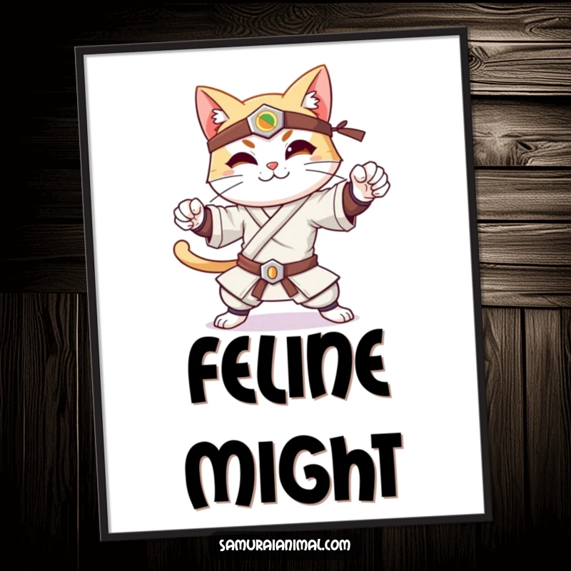 Funny digital art print of a cheerful cat in a dynamic samurai pose, smiling gently, exuding quiet strength and cool.