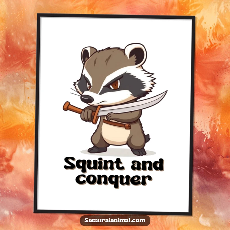 Funny badger digital art print of a determined badger wielding a tiny wooden sword confidently, ready for download.