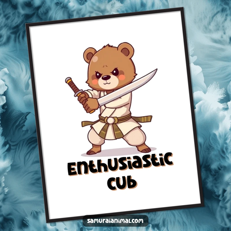 Funny digital art print of a strong bear cub practicing sword forms with great enthusiasm, full of cartoon energy.
