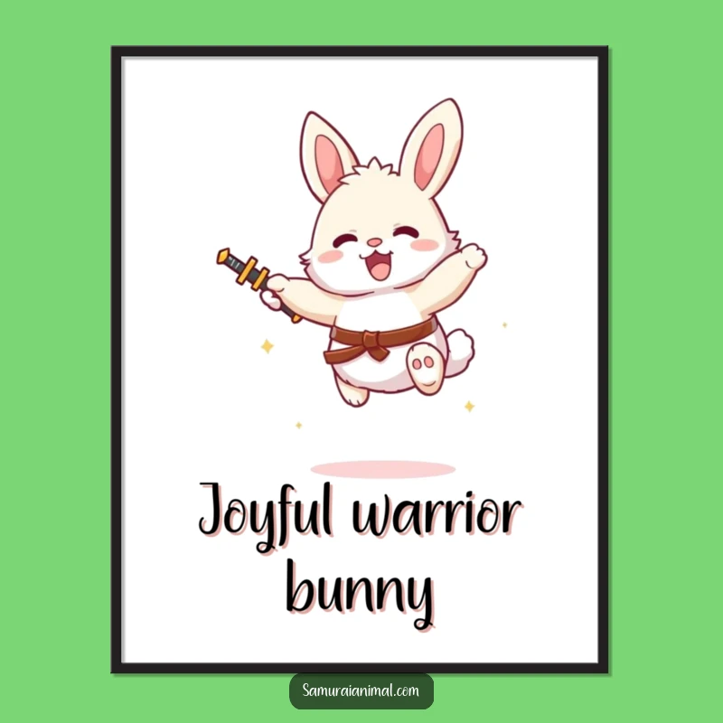 Funny Bunny Tiny Sword Leap Print - Whimsical Warrior Art!