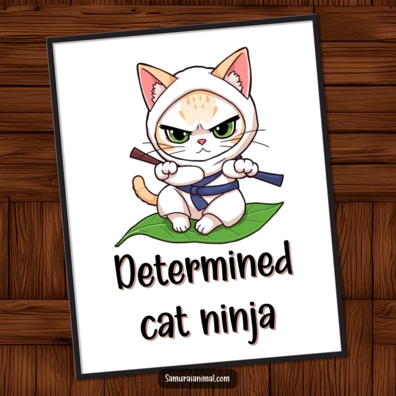 Funny cat character in ninja attire, determinedly rolling on a leaf, a dynamic and humorous digital art print.
