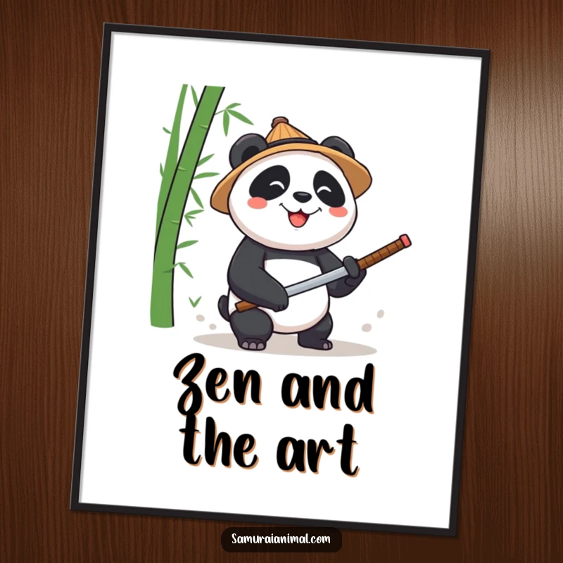 Funny Panda Bamboo Digital Art Print: Printable art of a panda wearing a straw hat, chopping bamboo with a tiny katana.