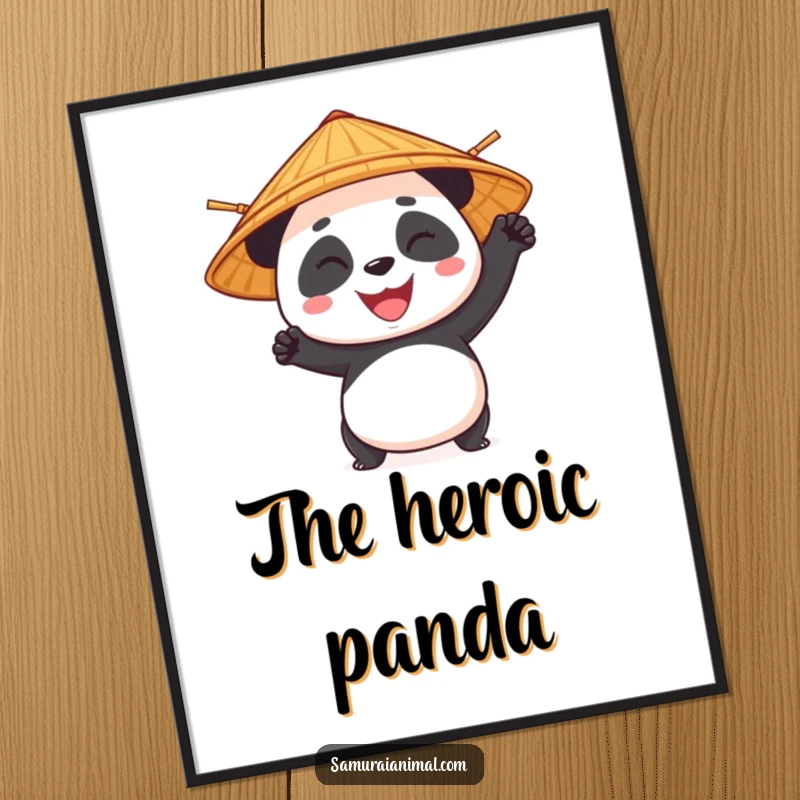 Funny panda with a bamboo hat striking a heroic pose, a powerful and humorous martial arts digital art print.