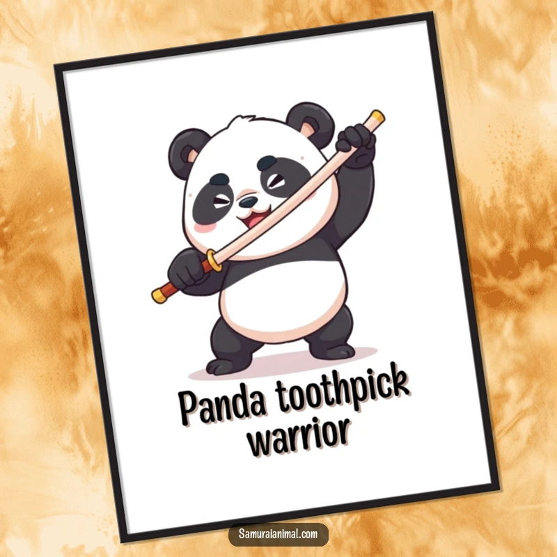 Funny plump panda wielding a toothpick sword, fierce & comical, determined grin, animal digital art print.