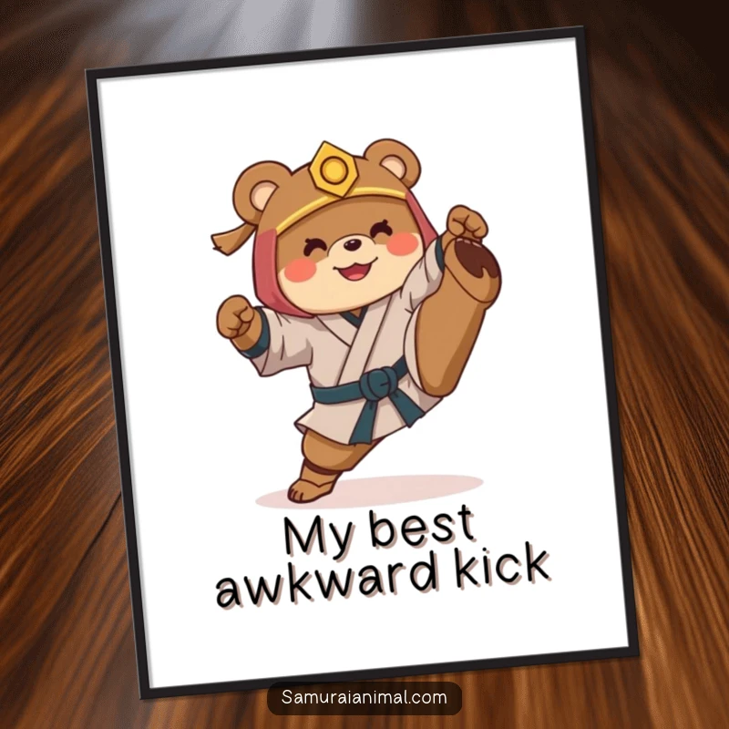 Funny digital art print of a smiling bear in samurai costume awkwardly attempting a high kick, adding humor to any screen.