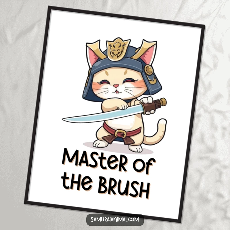 Funny Samurai Cat Digital Art: High-resolution printable of a cat warrior in samurai helmet, mid-sword trick with a joyfully wagging tail.