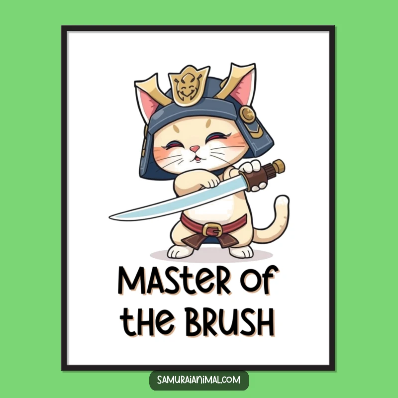 Funny Samurai Cat Digital Art: Playful Warrior, Sword Trick, Wagging Tail, Instant Funny Gift