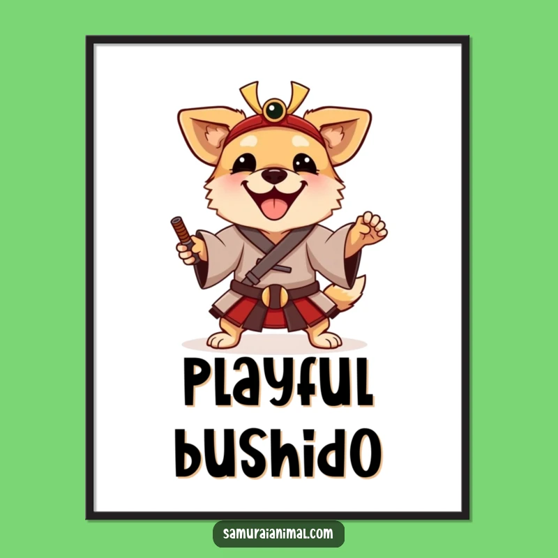 Funny Samurai Dog Digital Art: Happy Warrior Print, Instant Cute Gift