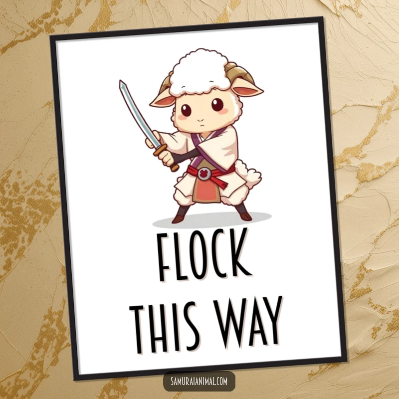 Funny digital art print of a dignified sheep character performing a graceful sword flourish, perfect for heroic and humorous home decor.