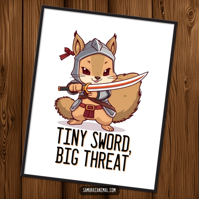 Funny squirrel digital art print of an armored squirrel dramatically pointing a tiny katana, ready for instant download.