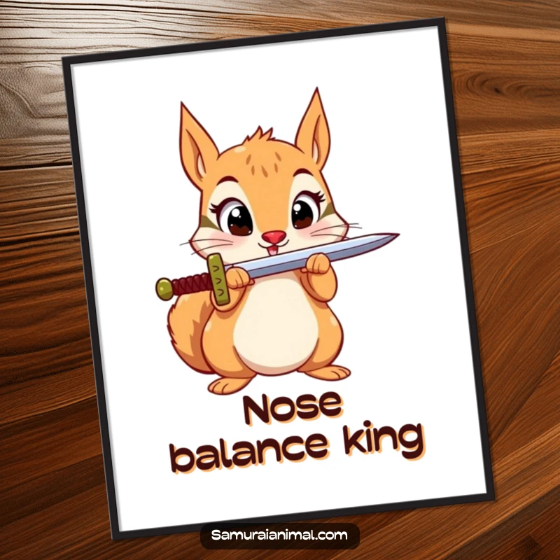 Funny Squirrel Sword Digital Art Print: A small squirrel balances a sword on its nose, creating whimsical woodland warrior art.